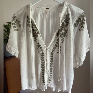 Free People White Blouse with Green Embroidery